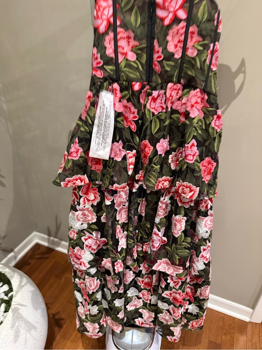 Dress the Population Strapless Floral Tiered Midi Dress in Green and Pink - Picture 7 of 7